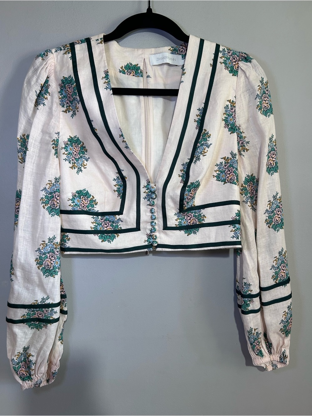Zimmermann Floral Linen Crop Top Size 2 Puff Sleeve Green Trim